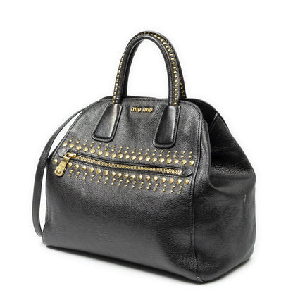 Miu Miu Studded Dome Top Handle Black Madras Leather Handbag — view 2