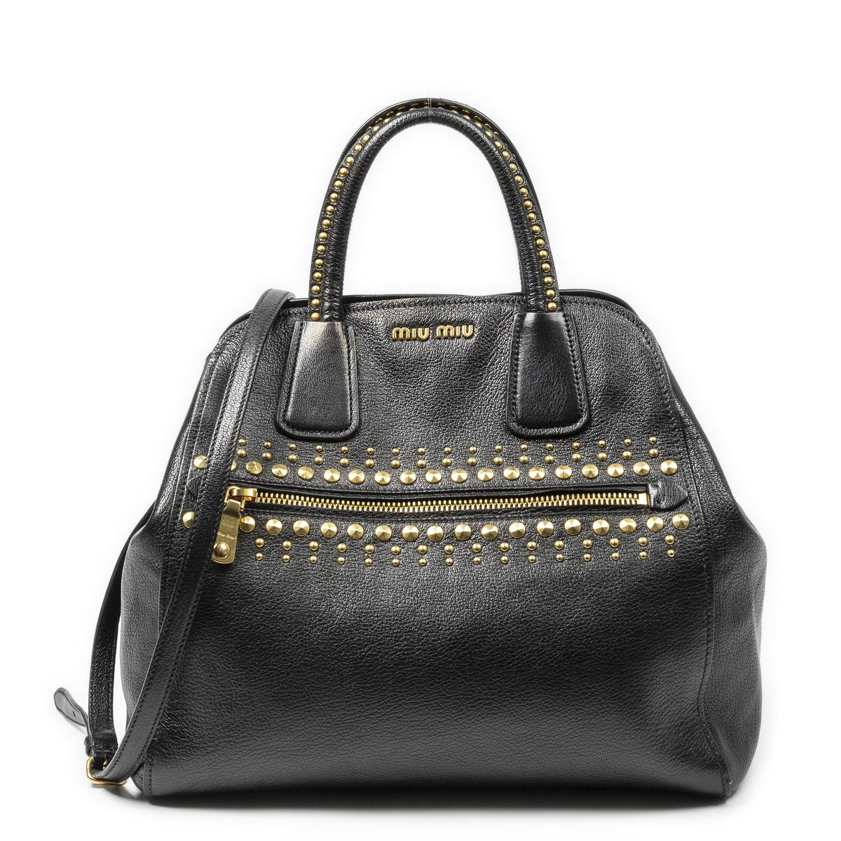 Miu Miu Studded Dome Top Handle Black Madras Leather Handbag