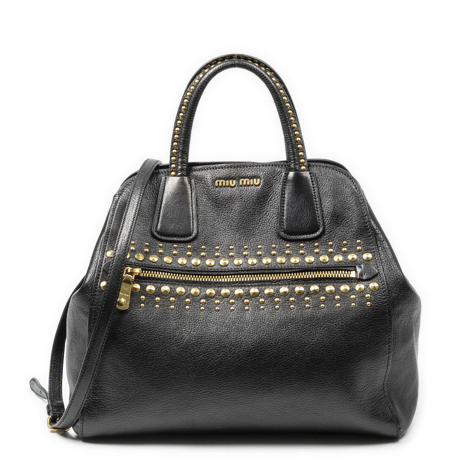Miu Miu Studded Dome Top Handle Black Madras Leather Handbag