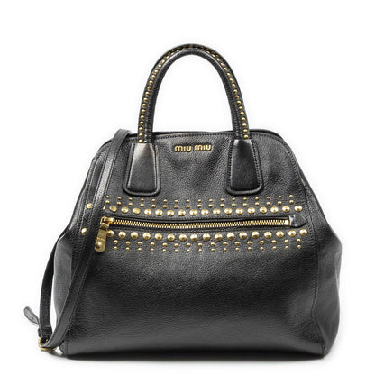 Miu Miu Studded Dome Top Handle Black Madras Leather Handbag