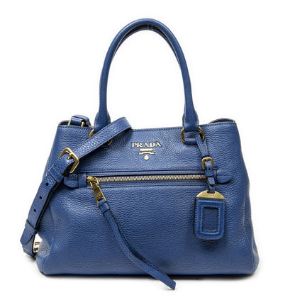 Prada Front Pocket Convertible Tote Blue Vitello Daino
