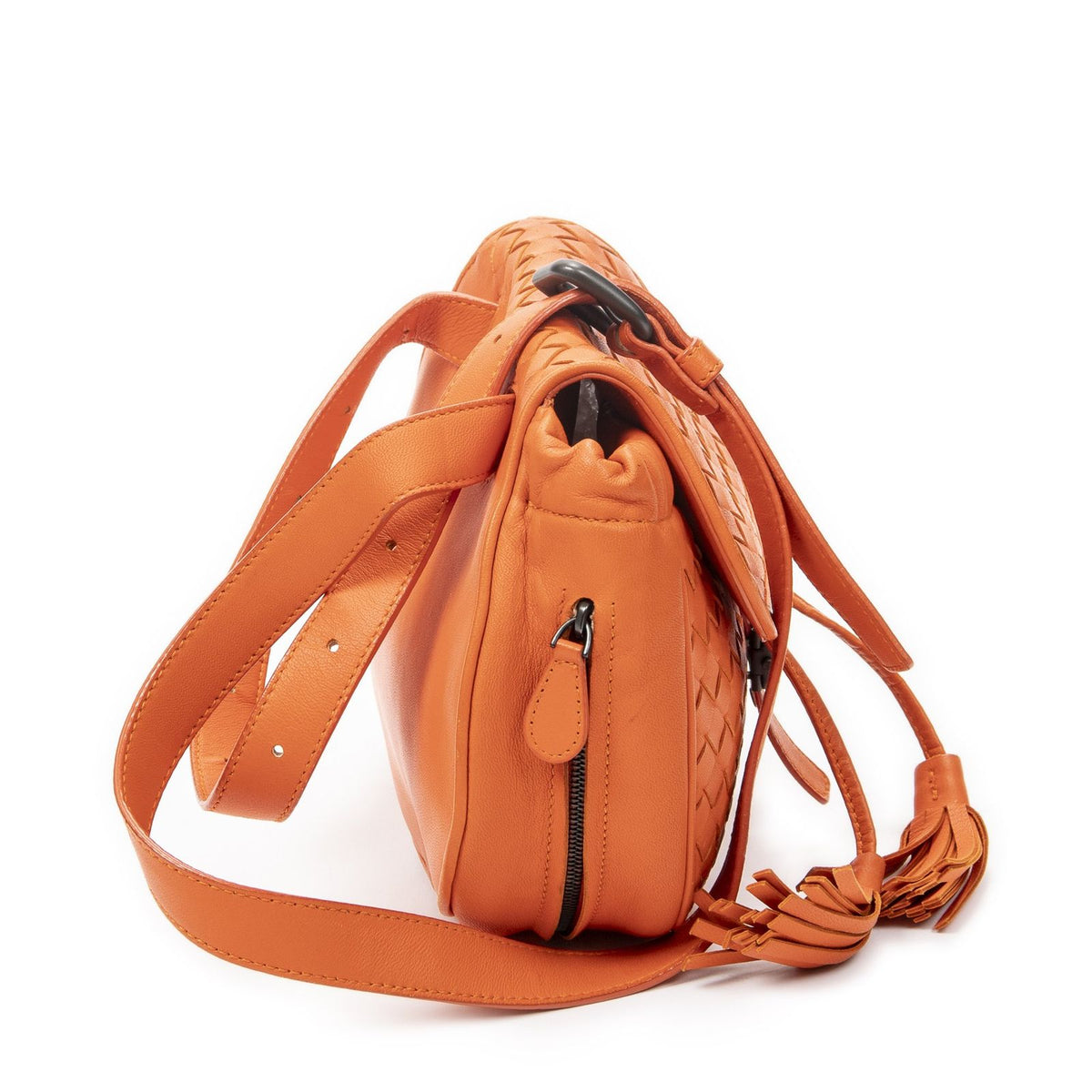 Bottega Veneta Drawstring Flap Bag Crossbody Orange Intrecciato Leather — view 4