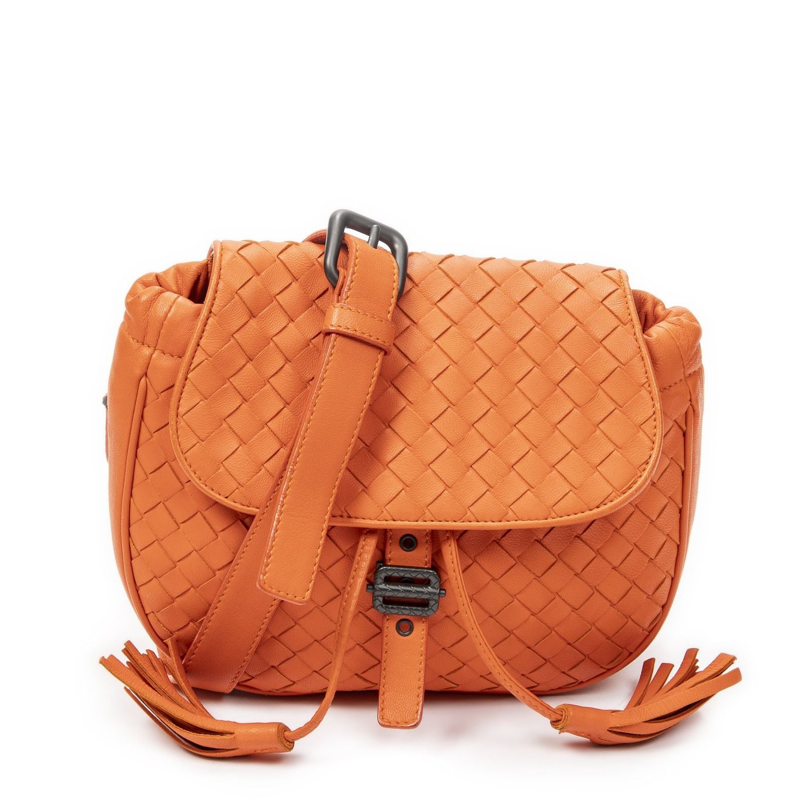 Bottega Veneta Drawstring Flap Bag Crossbody Orange Intrecciato Leather