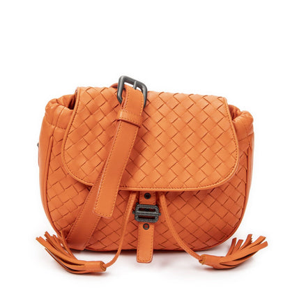 Bottega Veneta Drawstring Flap Bag Crossbody Orange Intrecciato Leather