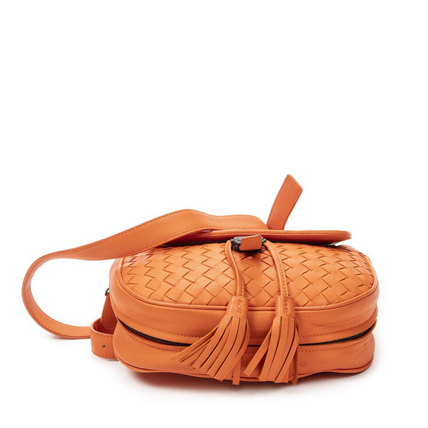 Bottega Veneta Drawstring Flap Bag Crossbody Orange Intrecciato Leather — view 6