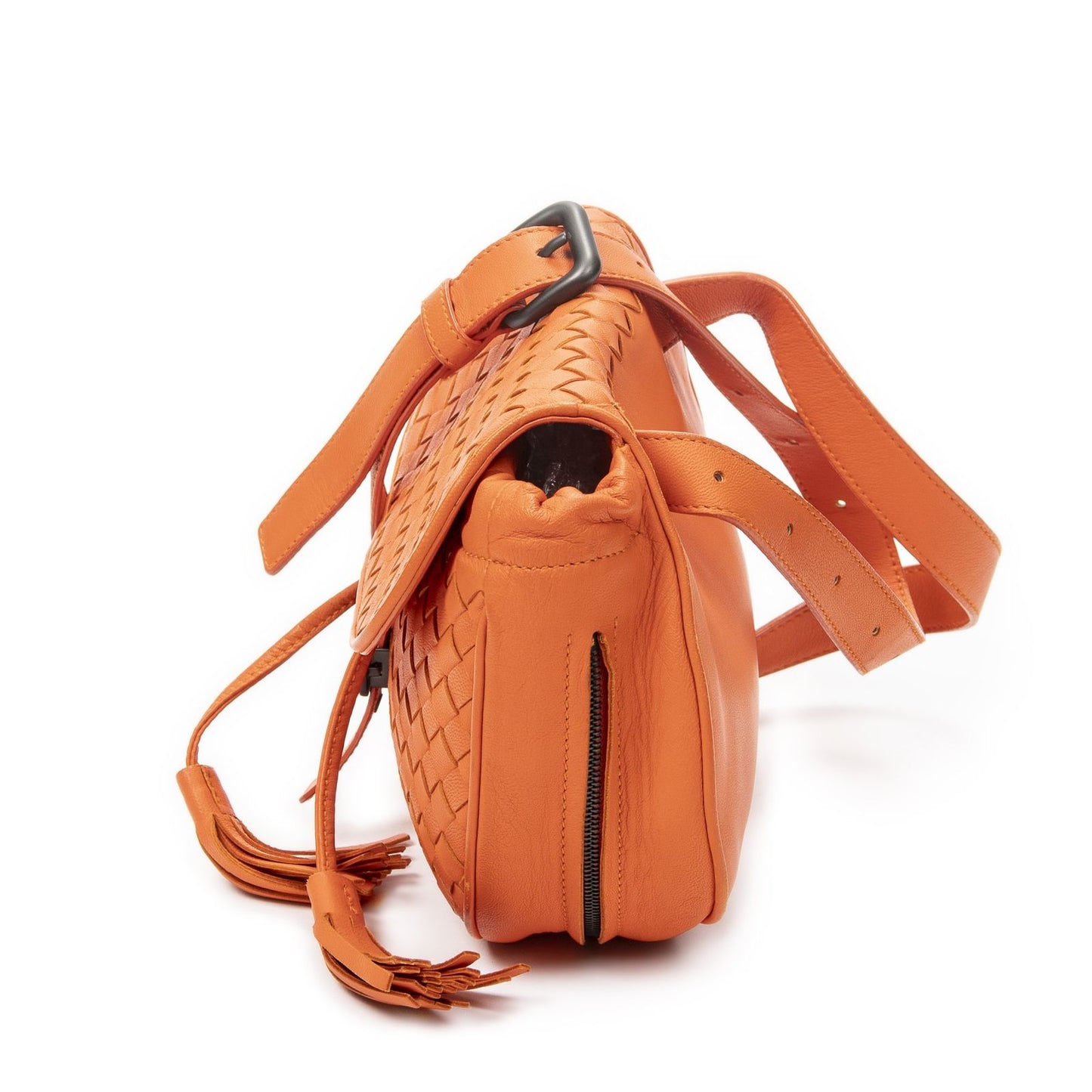 Bottega Veneta Drawstring Flap Bag Crossbody Orange Intrecciato Leather — view 3