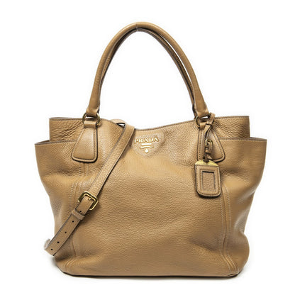 Prada Double Pocket Top Handle Tote Beige Vitello Daino