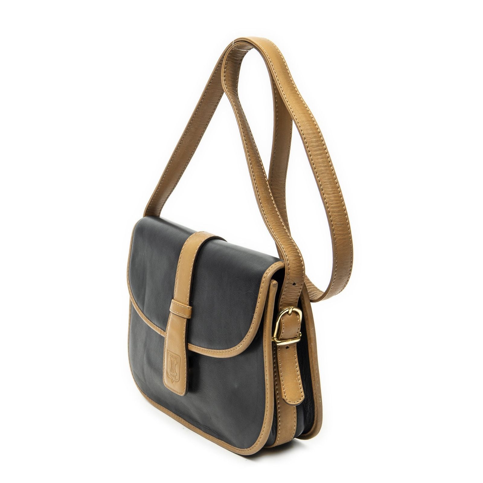 Celine Vintage Flap Bag Crossbody Black Beige Calfskin Leather — view 2
