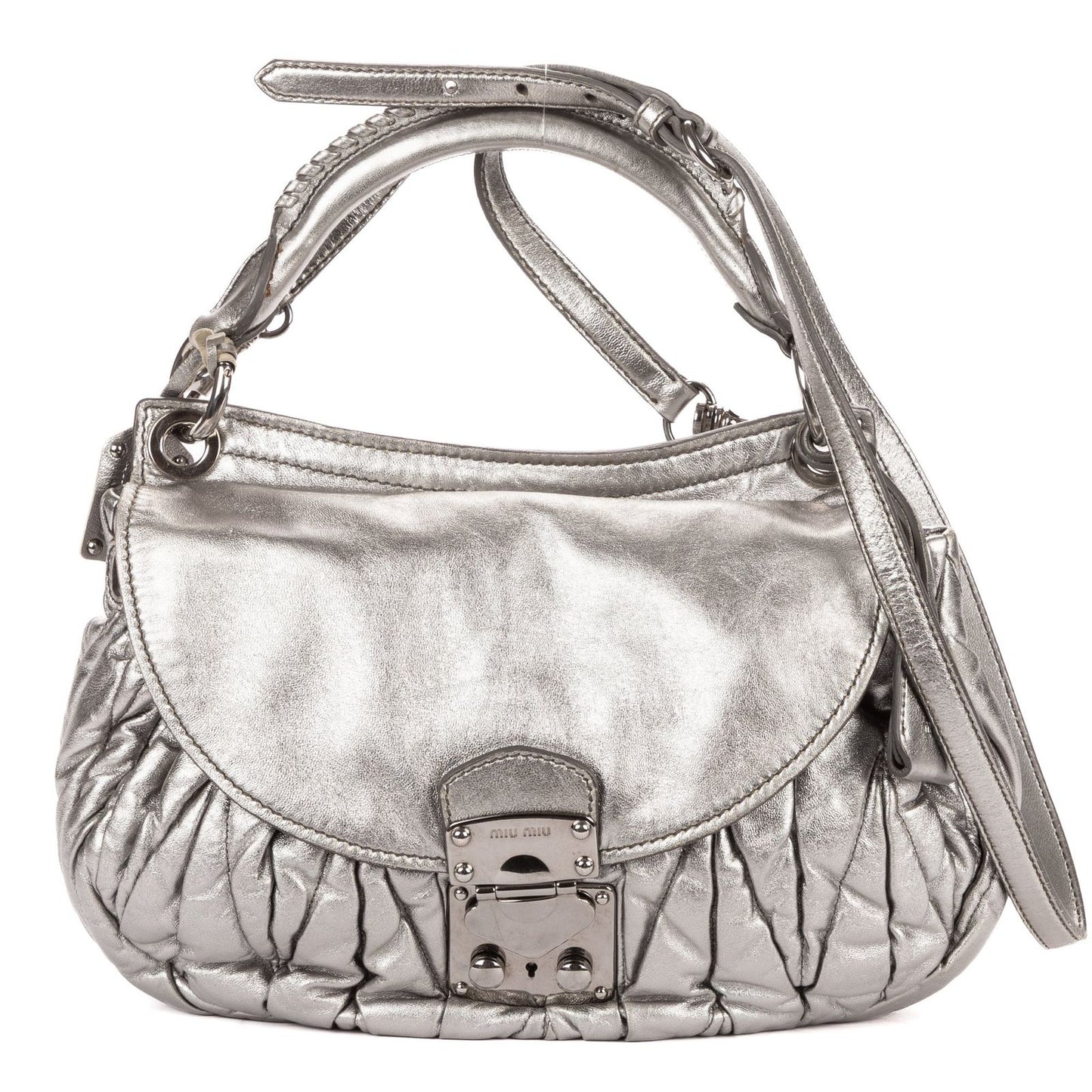 Miu Miu Hobo Crossbody Metallic Gray Matelase Calfskin