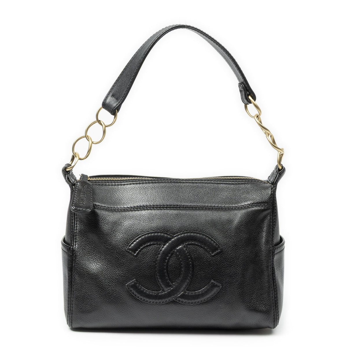 Chanel Vintage CC Chain Hobo Black Grain Calfskin Leather
