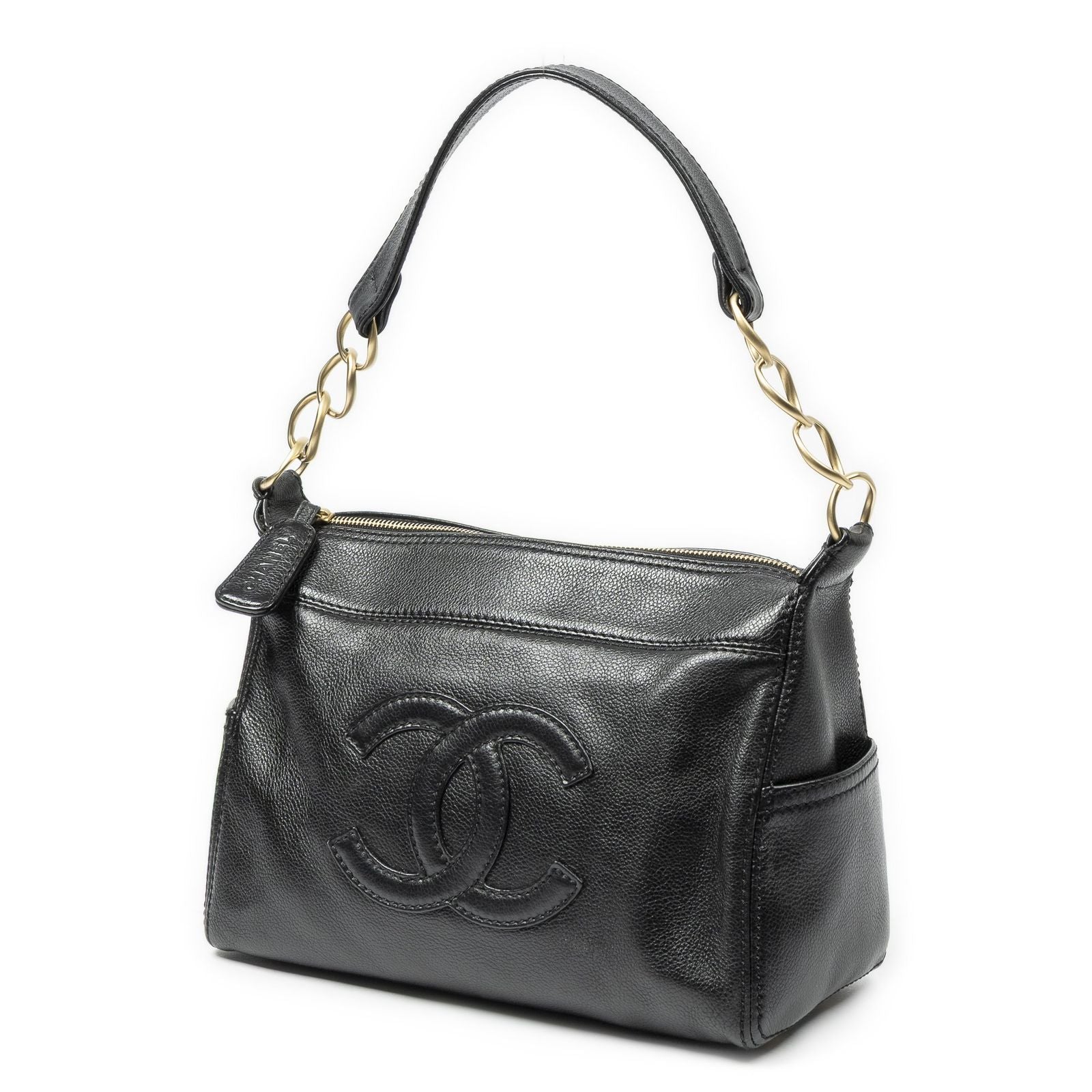 Chanel Vintage CC Chain Hobo Black Grain Calfskin Leather — view 2