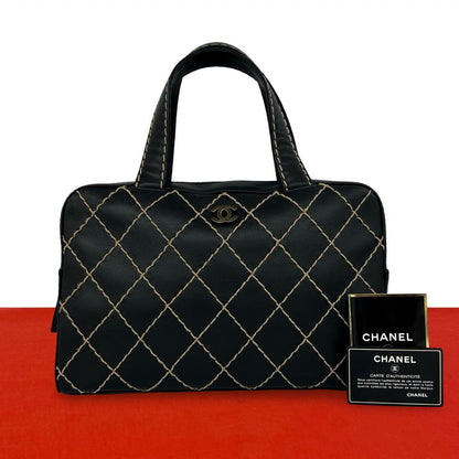 Chanel CC Logo Wild Stitch Leather Mini Boston Bag Black
