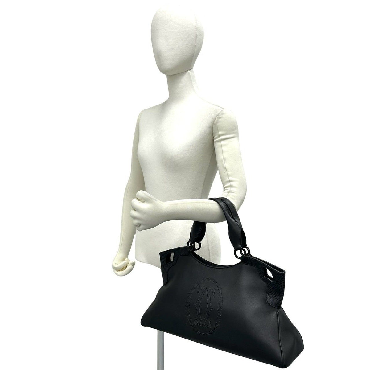 Cartier Marcello Perforated Logo Leather Tote Mini Boston Bag Black — view 2