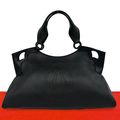 Cartier Marcello Perforated Logo Leather Tote Mini Boston Bag Black