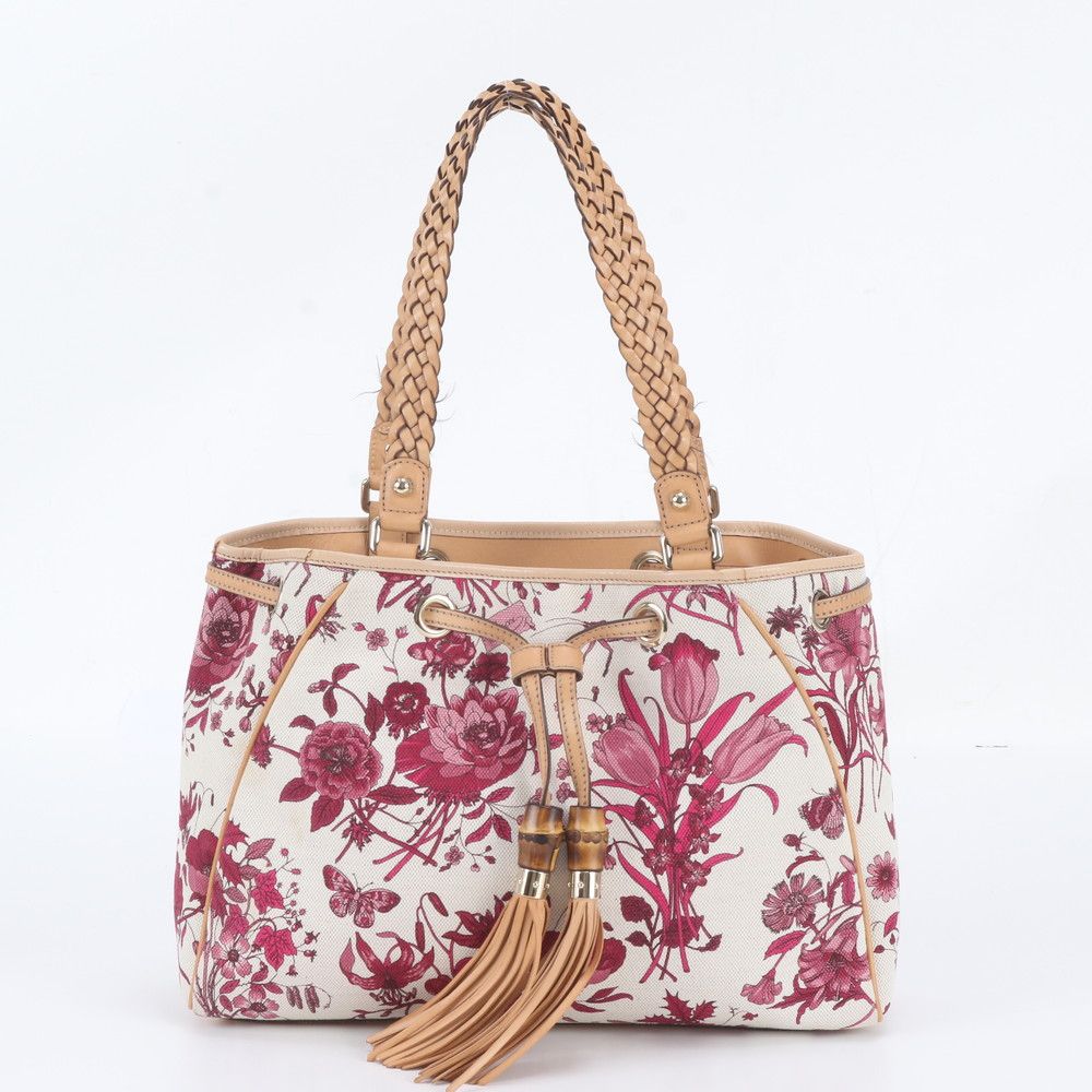 Gucci Bamboo Tassel Flower Leather Tote Shoulder