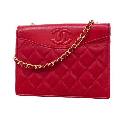 Chanel Shoulder Bag Quilted Lambskin Red Gold