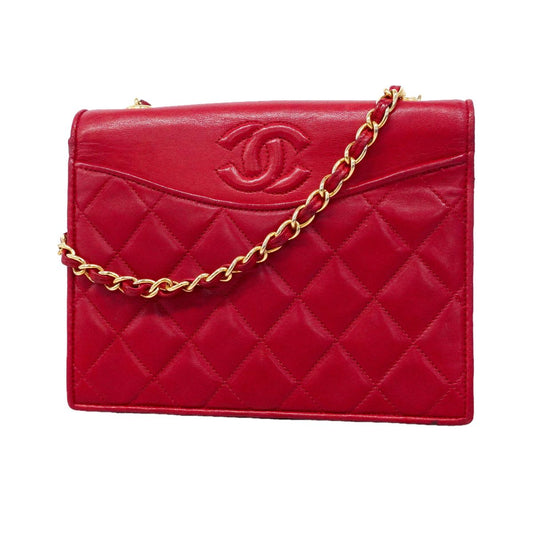 Chanel Shoulder Bag Quilted Lambskin Red Gold