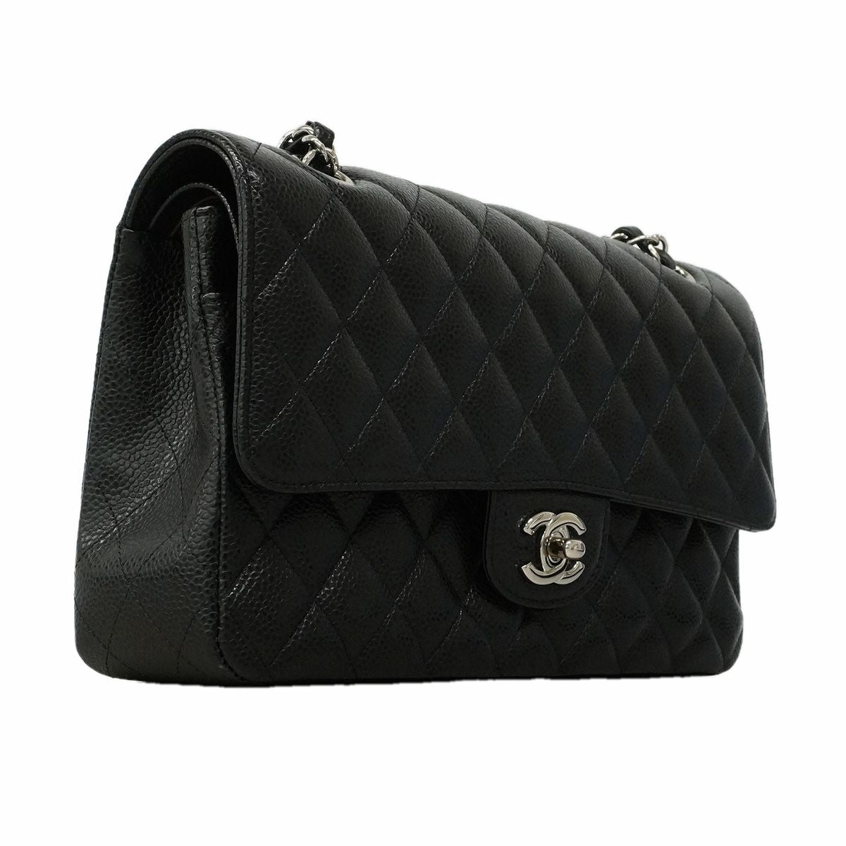 Chanel Shoulder Bag Quilted Caviar Leather Black Silver — view 2