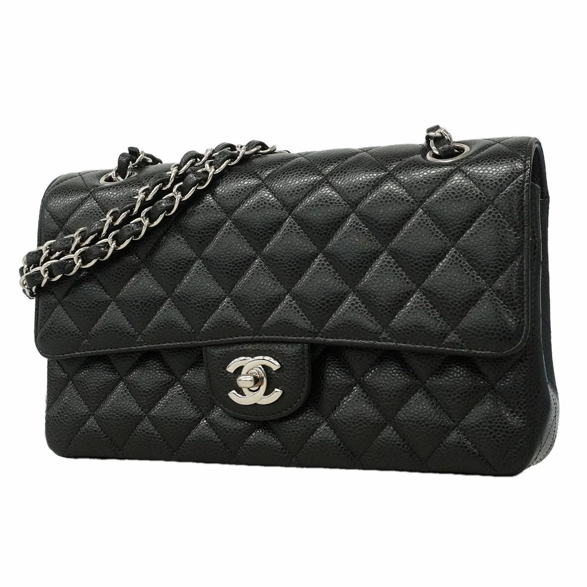 Chanel Shoulder Bag Quilted Caviar Leather Black Silver