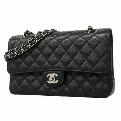 Chanel Shoulder Bag Quilted Caviar Leather Black Silver
