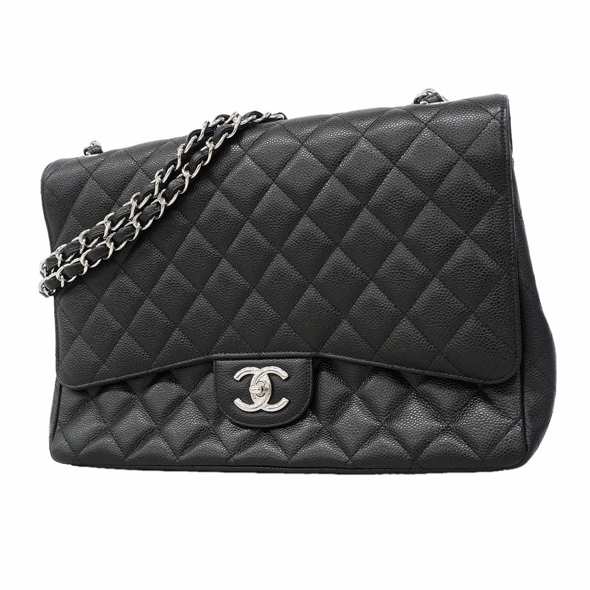 Chanel Shoulder Bag Maxi Quilted Caviar Leather Black Silver