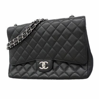 Chanel Shoulder Bag Maxi Quilted Caviar Leather Black Silver