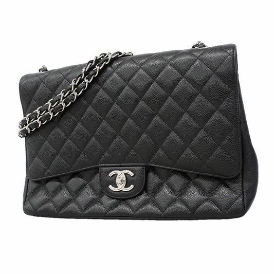 Chanel Shoulder Bag Maxi Quilted Caviar Leather Black Silver