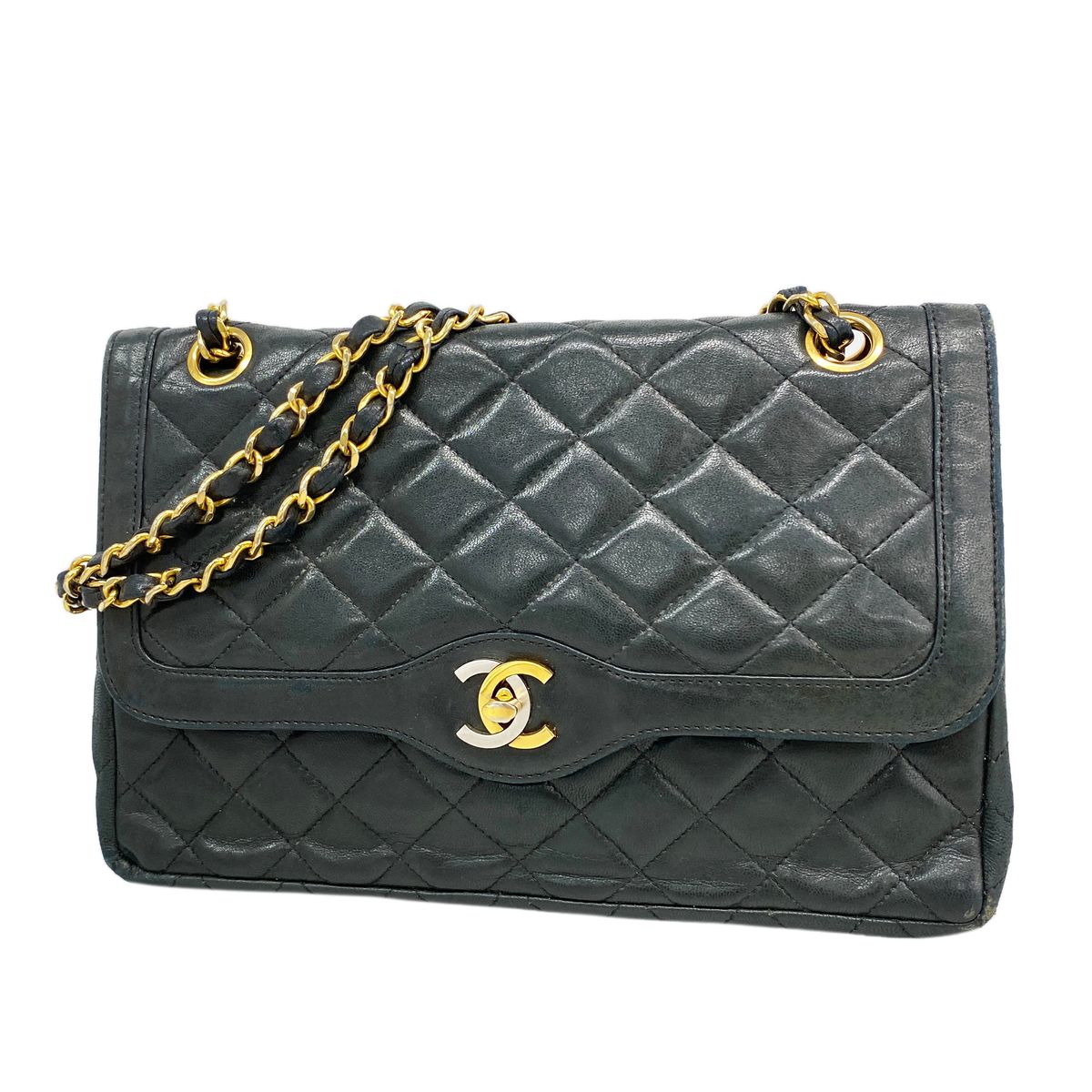 Chanel Shoulder Bag Quilted Limited Edition Lambskin Black Gold Silver