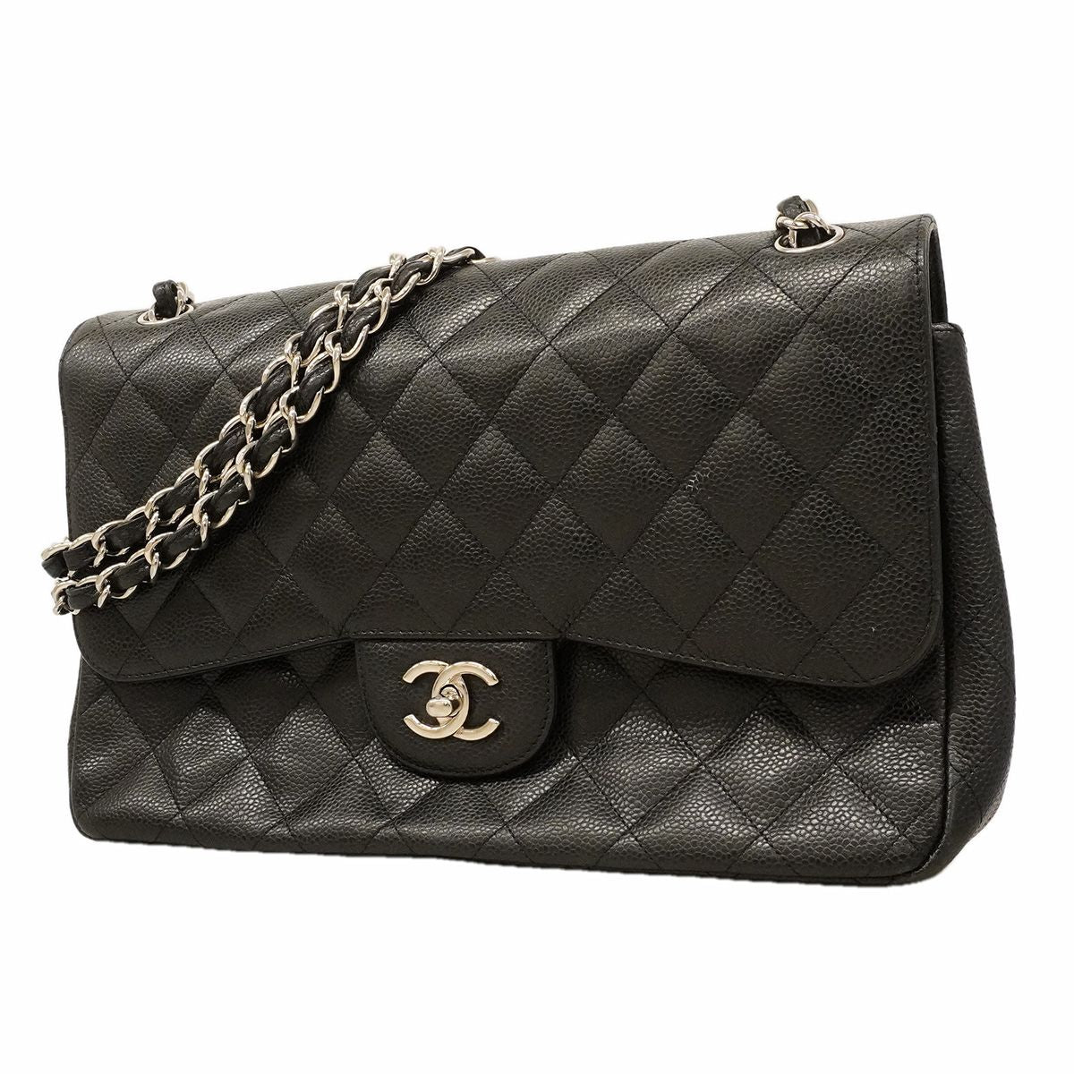 Chanel Shoulder Bag Maxi Quilted Caviar Leather Black Silver