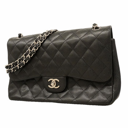 Chanel Shoulder Bag Maxi Quilted Caviar Leather Black Silver