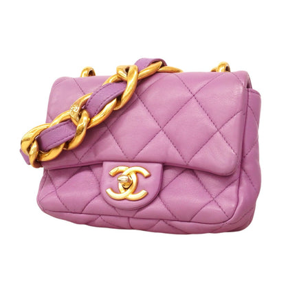 Chanel Shoulder Bag Mini Quilted Lambskin Purple Gold