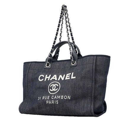 Chanel Chain Tote Deauville Denim Navy Silver 2-Way
