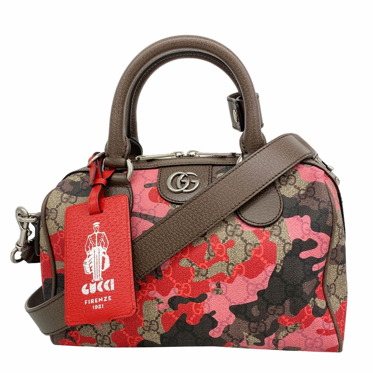 Gucci Handbag GG Camouflage Brown Red Pink Silver 2-Way Bag