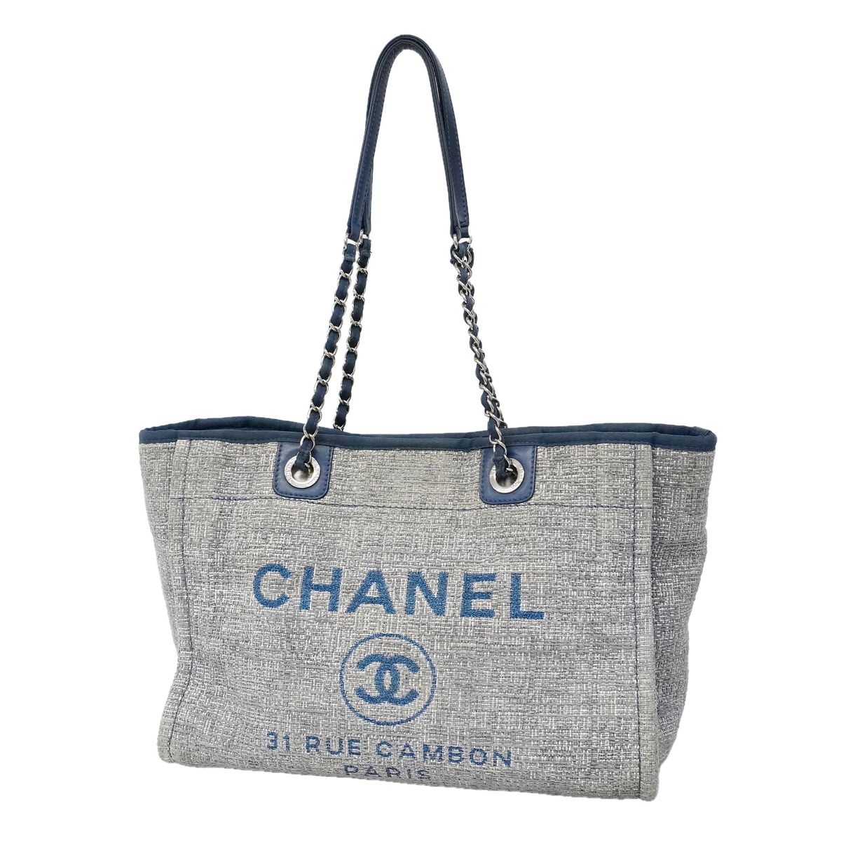 Chanel Chain Tote Deauville Tweed Navy Silver