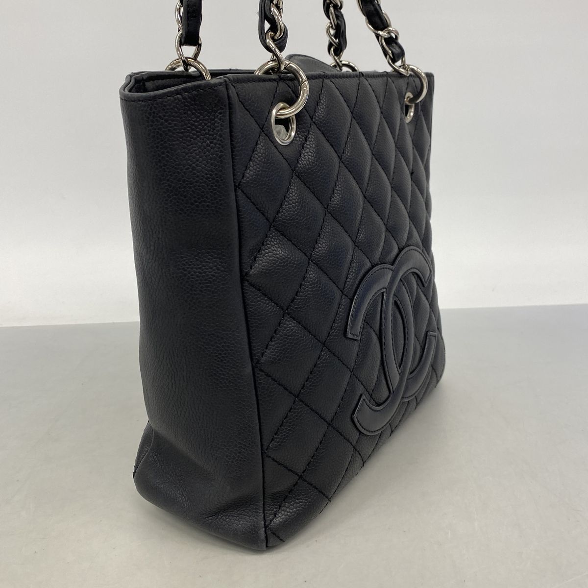 Chanel Chain Tote Quilted Caviar Leather Black Silver — view 2