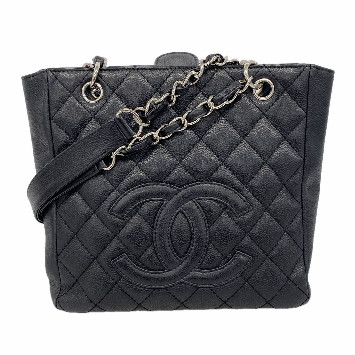 Chanel Chain Tote Quilted Caviar Leather Black Silver