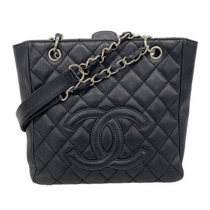 Chanel Chain Tote Quilted Caviar Leather Black Silver