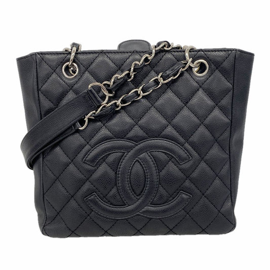 Chanel Chain Tote Quilted Caviar Leather Black Silver