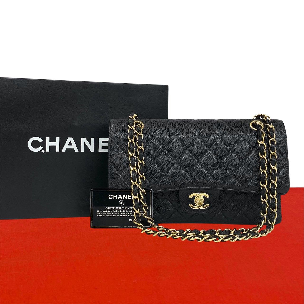 Chanel Quilted CC Logo Double Flap Caviar Leather Shoulder Bag Black