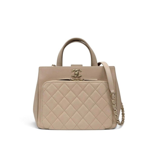 Chanel Business Affinity Shoulder Bag Beige Gold Quilted CC Logo Turnlock