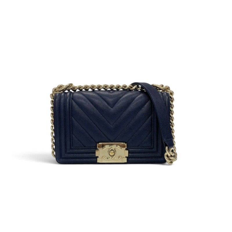 Chanel Boy 20 Shoulder Bag Navy Gold CC Logo Small V-stitch