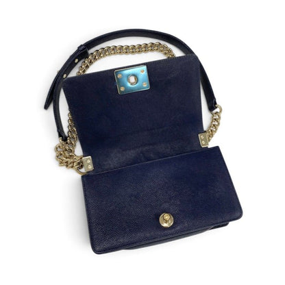 Chanel Boy 20 Shoulder Bag Navy Gold CC Logo Small V-stitch — view 6