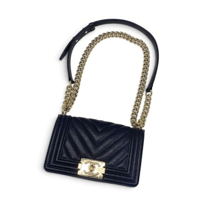 Chanel Boy 20 Shoulder Bag Navy Gold CC Logo Small V-stitch — view 5