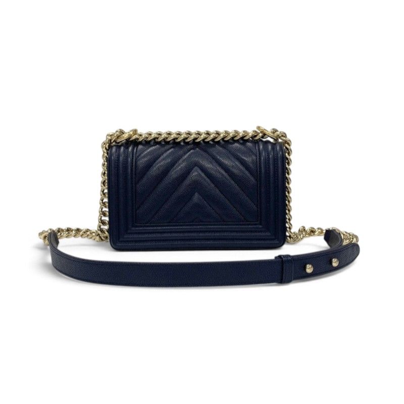 Chanel Boy 20 Shoulder Bag Navy Gold CC Logo Small V-stitch — view 3