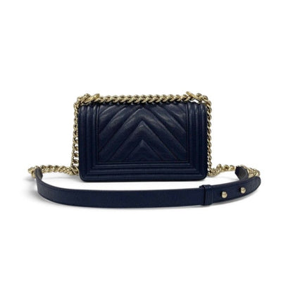Chanel Boy 20 Shoulder Bag Navy Gold CC Logo Small V-stitch — view 3