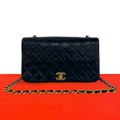 Chanel Vintage Quilted Coco Full Flap Lambskin Chain Shoulder Bag Navy