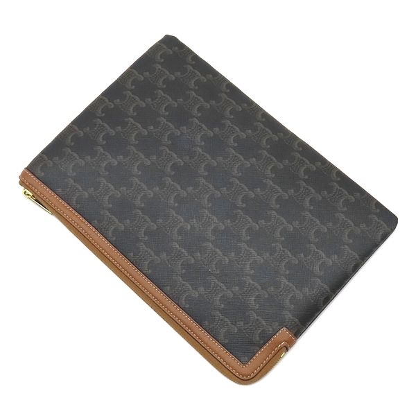 Celine Clutch Triomphe Small Pouch Calfskin Canvas Tan Gold Brown Double Flap — view 2