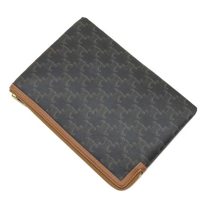Celine Clutch Triomphe Small Pouch Calfskin Canvas Tan Gold Brown Double Flap — view 2