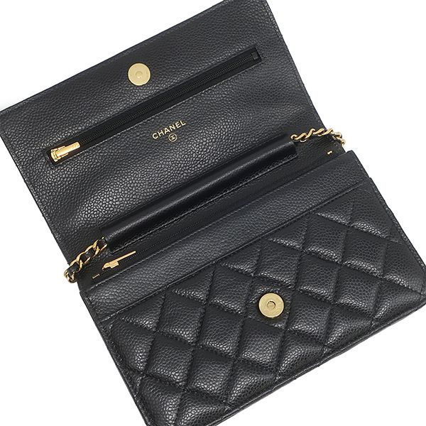 Chanel Chain Wallet Quilted Caviar Leather Black Gold CC Logo Shoulder Bag — view 6