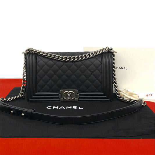 Chanel Boy CC Logo Caviar Leather Chain Shoulder Bag Black